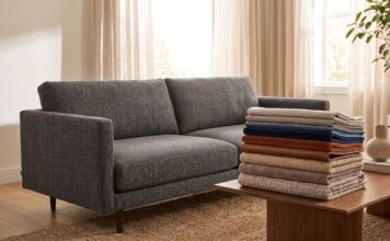 Types of Sofa Fabric: Common Sofa Fabric Buying Mistakes Different types of sofa fabric samples beside a modern living room couch