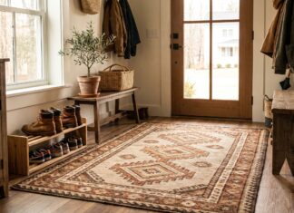 Washable Entryway Rugs: Best Materials, Sizes & Cleaning Tips Washable entryway rug inside a front door with shoes and plants