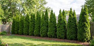 Emerald Green Arborvitae: Growth Rate, Spacing, Size & Care Emerald Green arborvitae privacy hedge showing mature spacing, height, and dense evergreen foliage