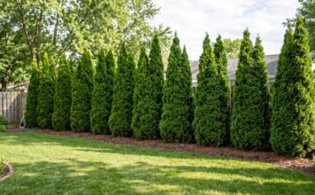 Emerald Green Arborvitae: Growth Rate, Spacing, Size & Care Emerald Green arborvitae privacy hedge showing mature spacing, height, and dense evergreen foliage