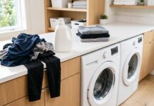 Best Fragrance-Free Detergent for Workout Clothes & Sweat Odor Fragrance-free detergent beside sweaty workout clothes and clean athletic clothing in a laundry room