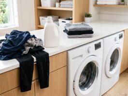 Best Fragrance-Free Detergent for Workout Clothes & Sweat Odor Fragrance-free detergent beside sweaty workout clothes and clean athletic clothing in a laundry room