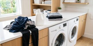 Best Fragrance-Free Detergent for Workout Clothes & Sweat Odor Fragrance-free detergent beside sweaty workout clothes and clean athletic clothing in a laundry room