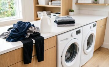 Best Fragrance-Free Detergent for Workout Clothes & Sweat Odor Fragrance-free detergent beside sweaty workout clothes and clean athletic clothing in a laundry room