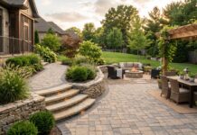 Hardscaping: Ideas, Costs, Materials & Contractor Guide (2026) Backyard hardscaping with paver patio, stone retaining wall, walkway and landscaped planting beds