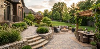 Hardscaping: Ideas, Costs, Materials & Contractor Guide (2026) Backyard hardscaping with paver patio, stone retaining wall, walkway and landscaped planting beds
