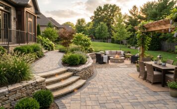 Hardscaping: Ideas, Costs, Materials & Contractor Guide (2026) Backyard hardscaping with paver patio, stone retaining wall, walkway and landscaped planting beds