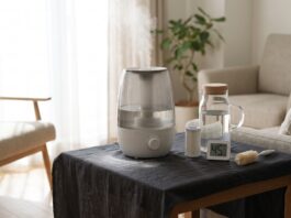 Ultrasonic Humidifier White Dust: Why It Happens, How to Stop It & When to Switch Ultrasonic humidifier white dust on a table with distilled water, demineralization cartridge, hygrometer, and cleaning brush