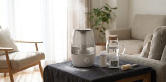 Ultrasonic Humidifier White Dust: Why It Happens, How to Stop It & When to Switch Ultrasonic humidifier white dust on a table with distilled water, demineralization cartridge, hygrometer, and cleaning brush