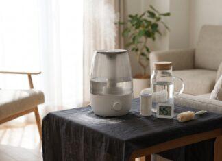 Ultrasonic Humidifier White Dust: Why It Happens, How to Stop It & When to Switch Ultrasonic humidifier white dust on a table with distilled water, demineralization cartridge, hygrometer, and cleaning brush