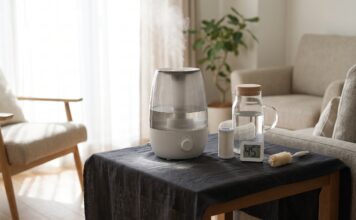 Ultrasonic Humidifier White Dust: Why It Happens, How to Stop It & When to Switch Ultrasonic humidifier white dust on a table with distilled water, demineralization cartridge, hygrometer, and cleaning brush