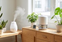 Ultrasonic vs. Evaporative Portable Humidifier: Which One Should You Buy? Ultrasonic vs evaporative portable humidifier comparison with mist, wick filter, hygrometer, and houseplants