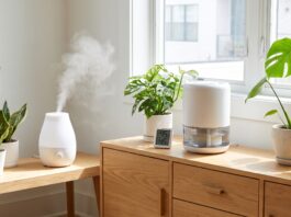 Ultrasonic vs. Evaporative Portable Humidifier: Which One Should You Buy? Ultrasonic vs evaporative portable humidifier comparison with mist, wick filter, hygrometer, and houseplants
