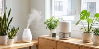 Ultrasonic vs. Evaporative Portable Humidifier: Which One Should You Buy? Ultrasonic vs evaporative portable humidifier comparison with mist, wick filter, hygrometer, and houseplants