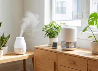 Ultrasonic vs. Evaporative Portable Humidifier: Which One Should You Buy? Ultrasonic vs evaporative portable humidifier comparison with mist, wick filter, hygrometer, and houseplants