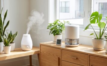 Ultrasonic vs. Evaporative Portable Humidifier: Which One Should You Buy? Ultrasonic vs evaporative portable humidifier comparison with mist, wick filter, hygrometer, and houseplants