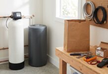 Water Softener Repair: Common Problems, Costs, DIY Checks & When to Call a Plumber Water softener repair showing a brine tank, salt, plumbing connections, and hard water testing supplies