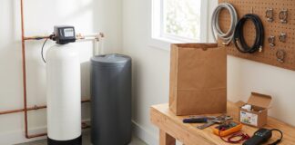 Water Softener Repair: Common Problems, Costs, DIY Checks & When to Call a Plumber Water softener repair showing a brine tank, salt, plumbing connections, and hard water testing supplies