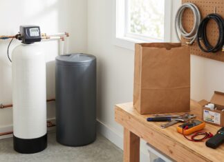 Water Softener Repair: Common Problems, Costs, DIY Checks & When to Call a Plumber Water softener repair showing a brine tank, salt, plumbing connections, and hard water testing supplies