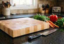 End Grain Cutting Board: Best Woods, Pros & Cons, Care & Buying Guide (2026) Large maple end grain cutting board with chef knife and vegetables on a kitchen counter