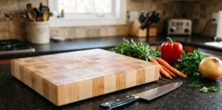 End Grain Cutting Board: Best Woods, Pros & Cons, Care & Buying Guide (2026) Large maple end grain cutting board with chef knife and vegetables on a kitchen counter