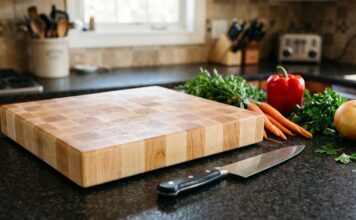 End Grain Cutting Board: Best Woods, Pros & Cons, Care & Buying Guide (2026) Large maple end grain cutting board with chef knife and vegetables on a kitchen counter