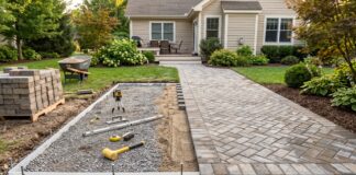 Paver Patio Cost in 2026: Price per Square Foot, Materials & Installation Professional paver patio installation showing finished patio and compacted base preparation