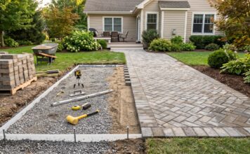 Paver Patio Cost in 2026: Price per Square Foot, Materials & Installation Professional paver patio installation showing finished patio and compacted base preparation